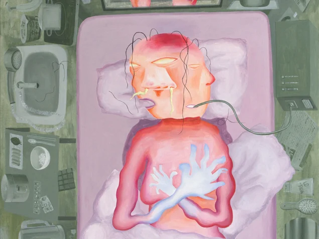 Surrealistische Darstellung einer liegenden Person mit zwei Gesichtern, die Hände auf der Brust hält, umgeben von medizinischen Geräten und einem Fenster mit Blick nach draußen.