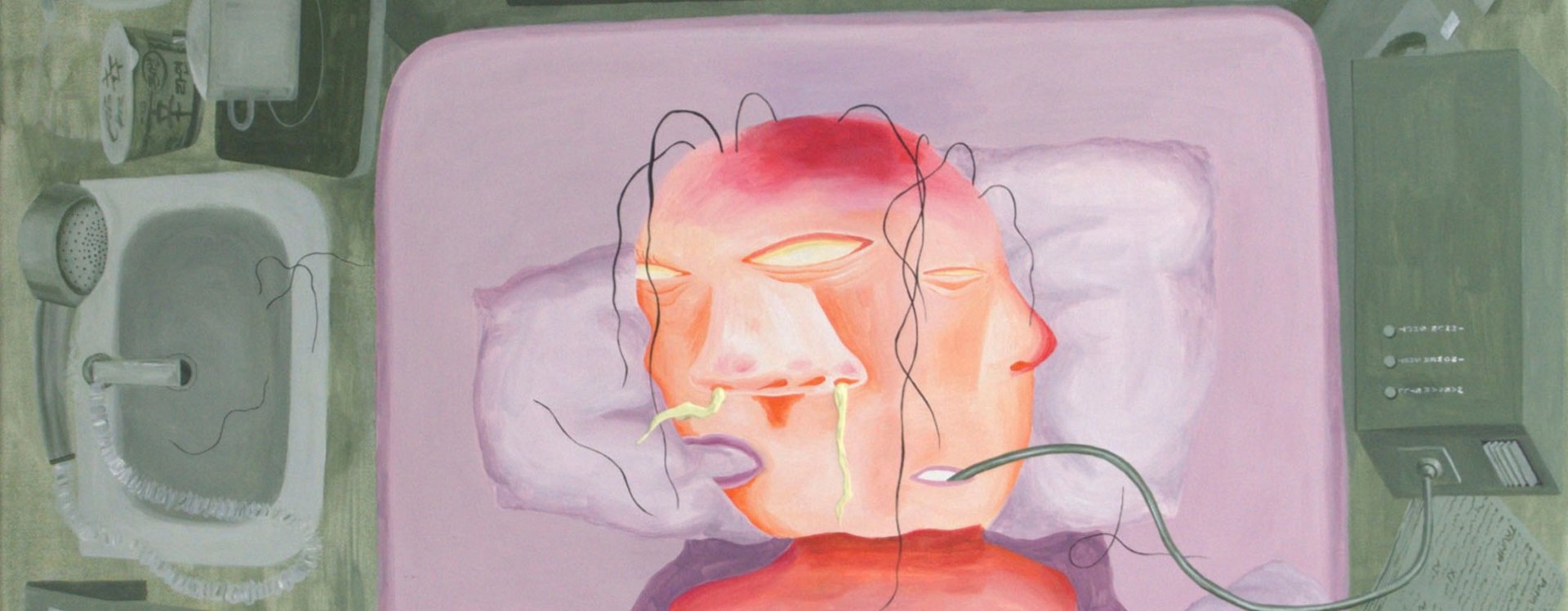 Surrealistische Darstellung einer liegenden Person mit zwei Gesichtern, die Hände auf der Brust hält, umgeben von medizinischen Geräten und einem Fenster mit Blick nach draußen.